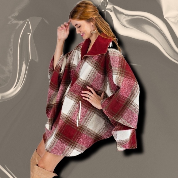 Easel Ultra Lux Cozy Red Plaid Wool Blend Poncho Cape Zippered Neck NWT - Picture 3 of 15